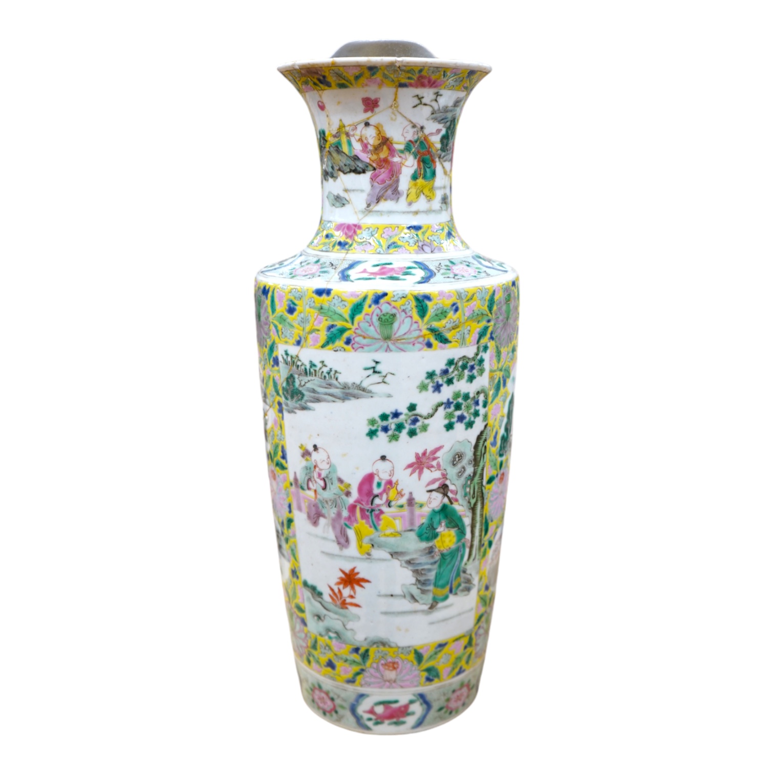 A 19th century Chinese famille rose porcelain vase enamelled with figures and flowers, converted to a lamp base, 43cm high. Condition - poor